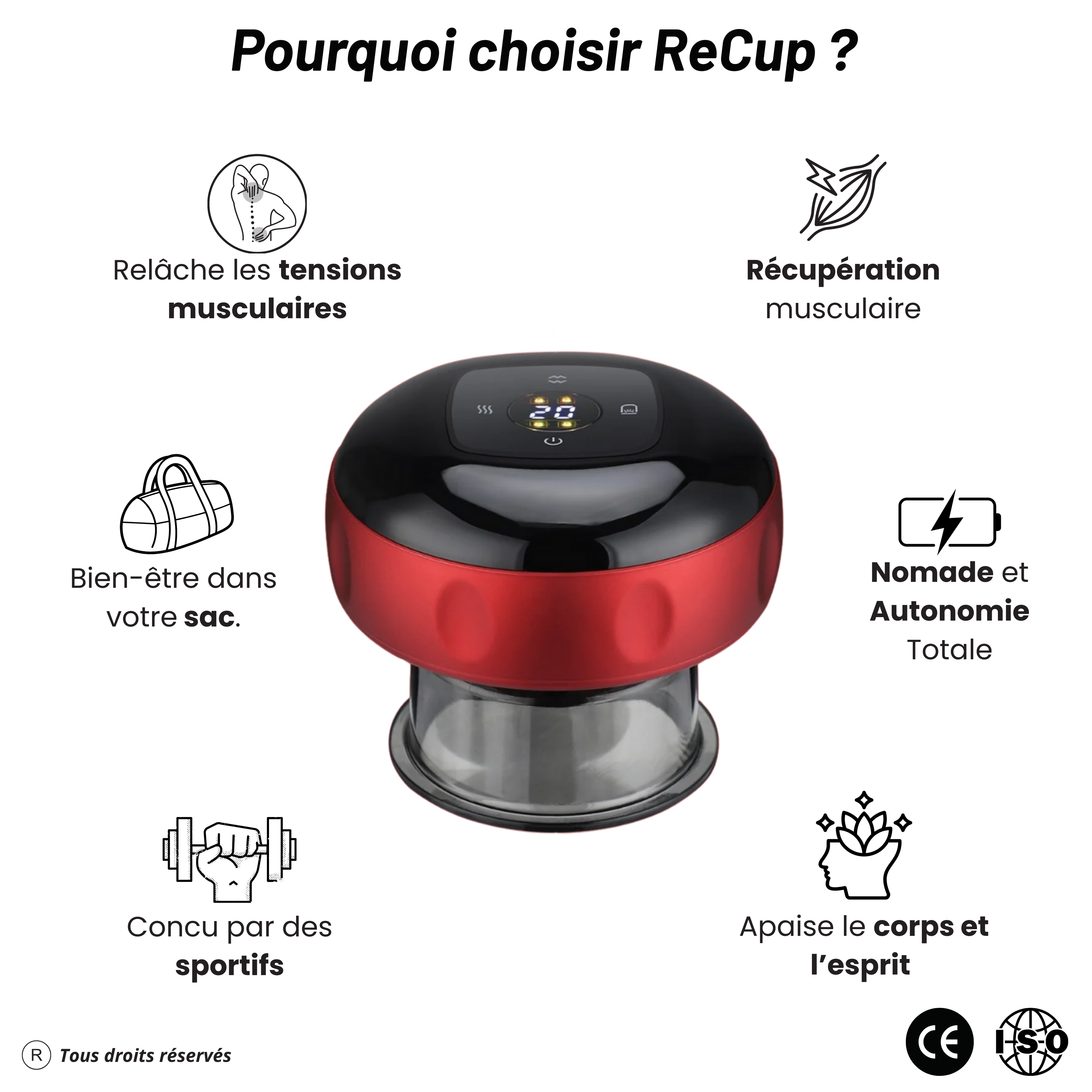 ReCup - Masseur par ventouses principal avec technologie d'aspiration dynamique et thérapie par lumière rouge
